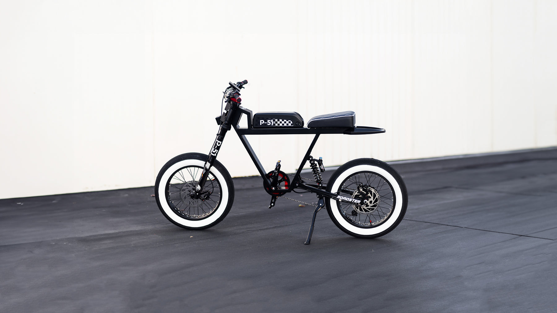 P-51 Roadster electric bike, class 2 ebike with white wall tires and rear fender